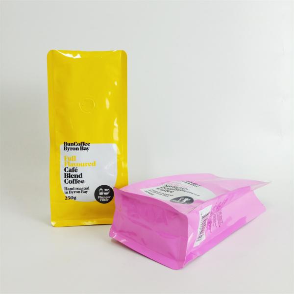 Flat Bottom Coffee Stand Up Pouch Glossy Finish Food Grade With Valve  250g
