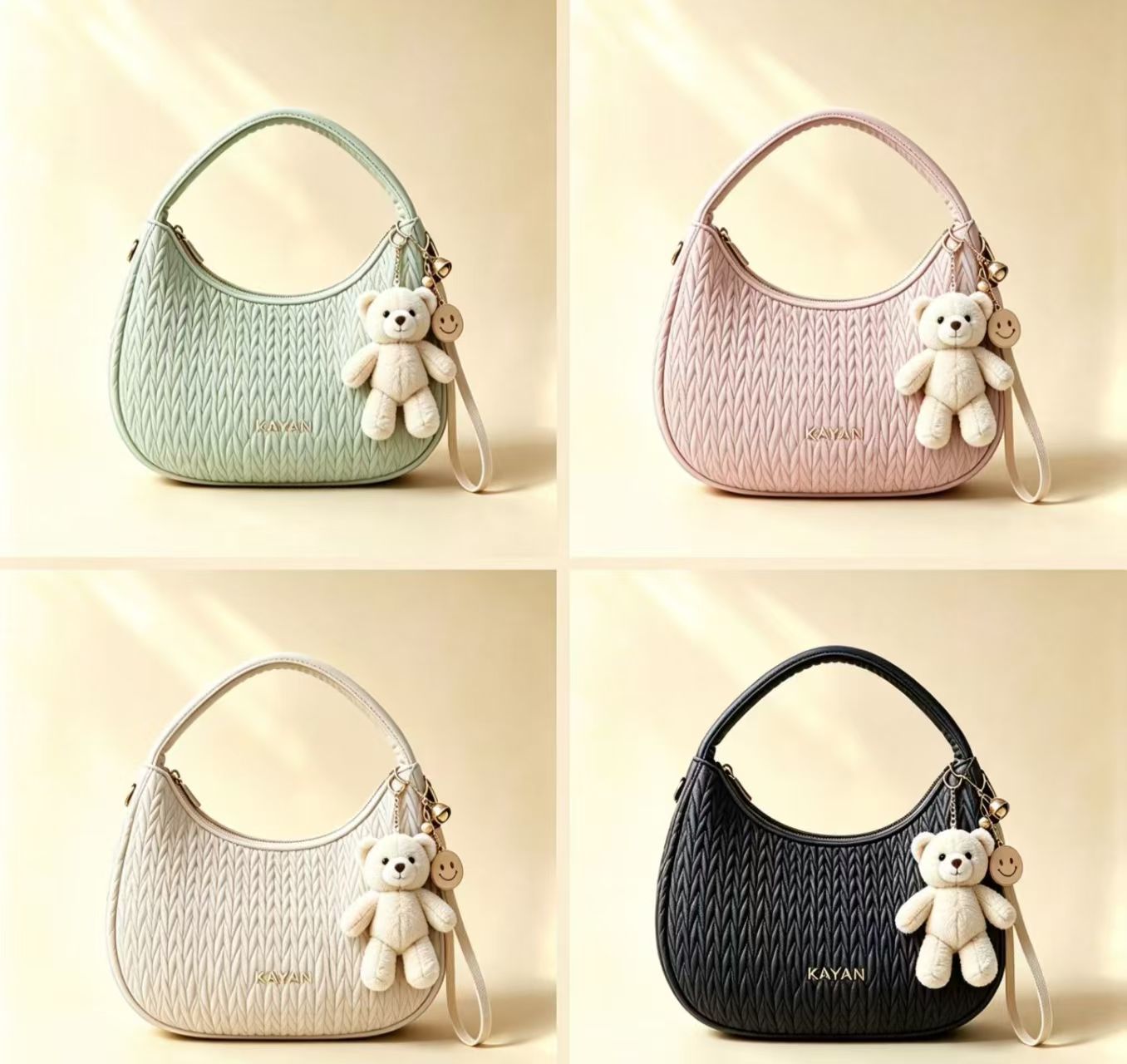 Women's Embossed Hobo Underarm Bag with Bear Pendant