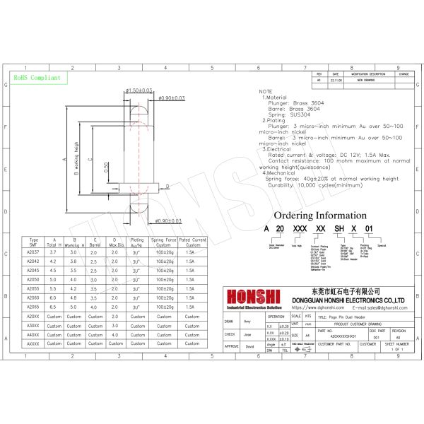 Double Head Brass Pogo Pin Length 6.5mm Double Ended Spring Loaded Pogo Pins