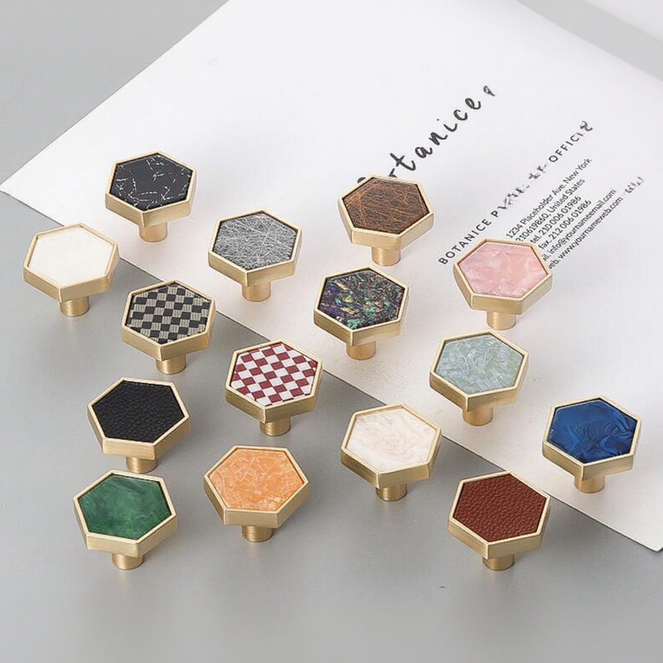 Zinc Alloy Marble Pattern Shell Stone Handle Hexagonal Cabinet Knob Hook Hole