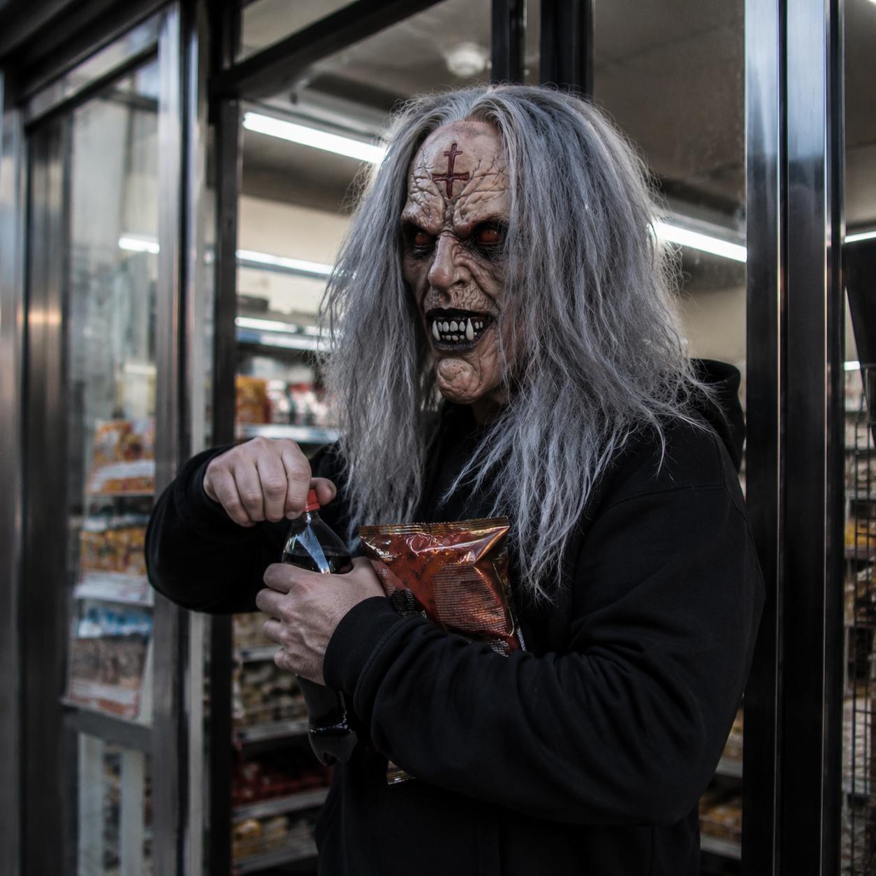 Scary Demonic Elder Zombie Latex Full Head Mask with Gray Hair Wrinkled Rotting Skin Red Glowing Eyes Sharp Horror Teeth Realistic Horror Costume Prop for Halloween Cosplay Party Haunted House