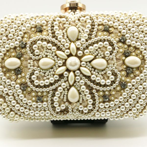 Sewing Pearl Evening Clutch Handbag Purse Beige Fashion For Ladies Dinner
