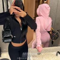 Broderie personnalisée Troublé Crop Top Fermeture à glissière Up Hoodie Tracksuit Joggers Deux pièces Ensemble de vêtements pour femmes Sweatpants et Hoodie Ensemble
