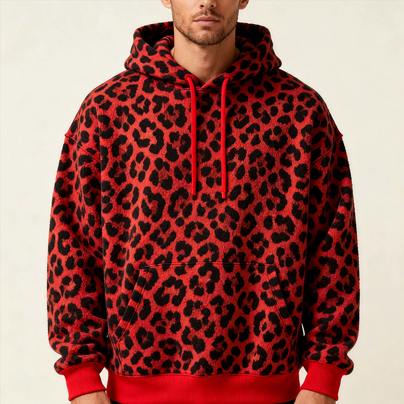 Men’s Oversized Leopard Print Fuzzy Hoodie | Cozy Plush Pullover with Kangaroo Pocket | Streetwear Style