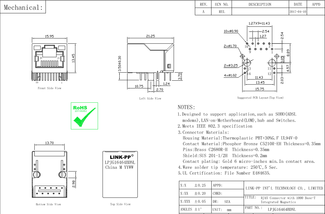 Желтый цвет JXD1-0019NL/зеленый порта 1x1 основания-T RJ45 модуль 1000 приведенный соединителя