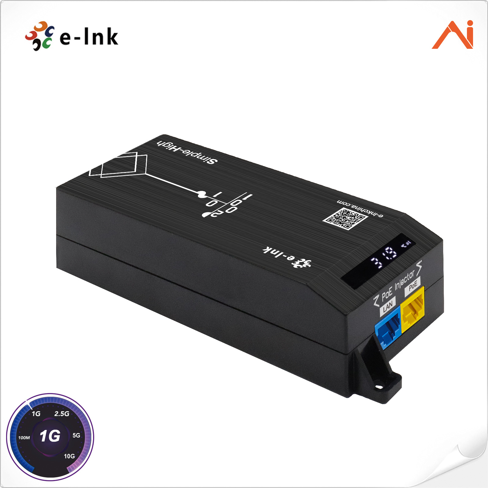 E-link LNK-AIPSE301M30 IEEE802.3at PoE+ 30W AI Smart Gigabit PoE Injector with LED Screen Display
