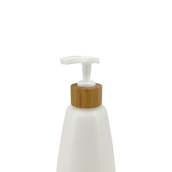 White Matte Conical Plastic Lotion Bottle With Bamboo Cap 250ml Cosmetic Dispenser Bottle