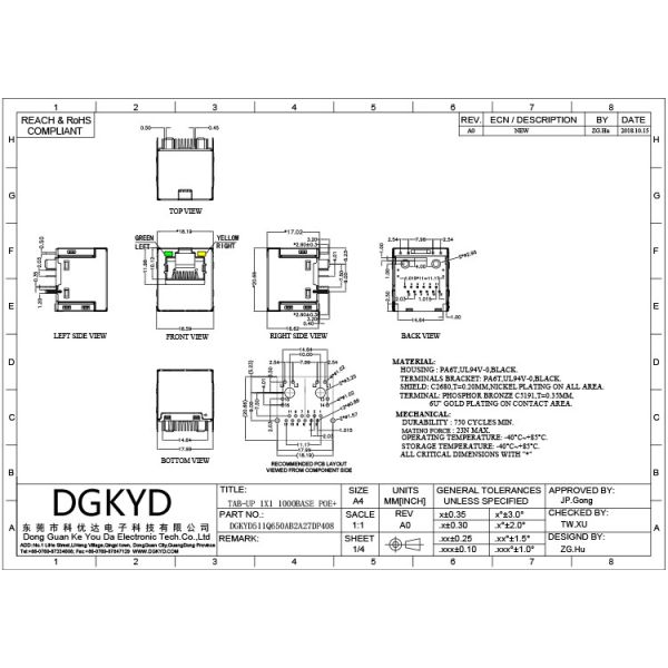 Вертикаль степени DGKYD511Q650AB2A27DP408 POE+180 прямо в соединении гнезда RJ45 сети интерфейса