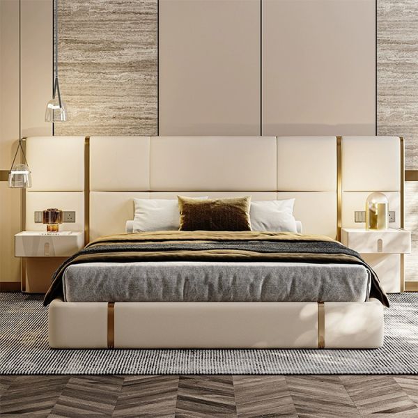 Synthetic Leather Upholstery Material King Size Luxury Bed Frame Sets Modern Villa Bedroom Furniture Plywood Panel Type