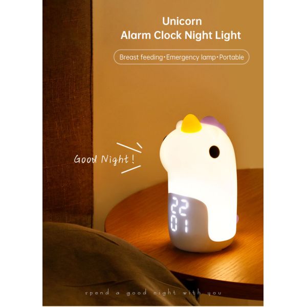 Mini Smart Unicorn Silicone Luz Noturna Alarme Relógio Suporte Dimmer Desenhos personalizados