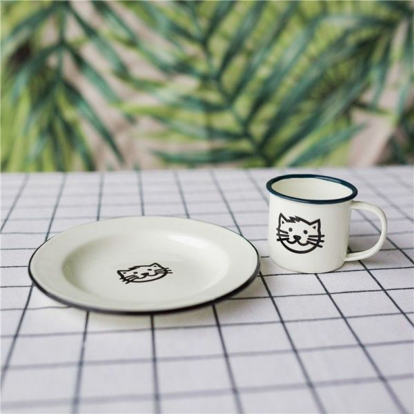 Handmade Kids Enamel Dinnerware Set Plate Mug Rice Bowl Dish Set Lovely Cat Design