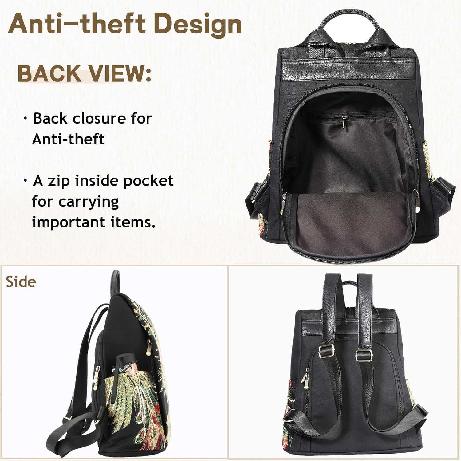 Glitter Embroidery Women Backpack Purse, Fashion Canvas Travel Anti-theft Rucksack Shoulder Bag (Black)
