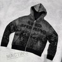 Impressão completa Vintage Distressed Aplique bordado Hoodie 800 gramas Peso do tecido