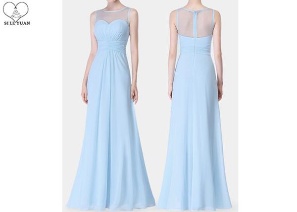Light Blue Wedding Bridesmaid Dresses Shoulder See Through Tulle Chiffon Fabric