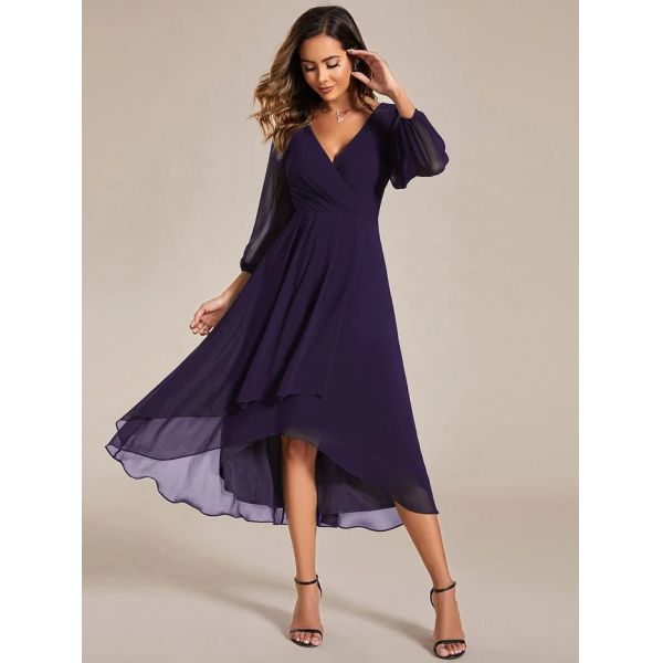 Elegant Empire Long Sleeve V-neck High Low A-line Ruffled Midi Dark Purple Chiffon Wedding Guest Cocktail Dress