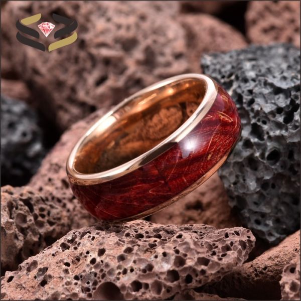 L'anneau de mariage en tungstène pour homme en or rose poli rond 8 mm avec incrustation de boîte rouge