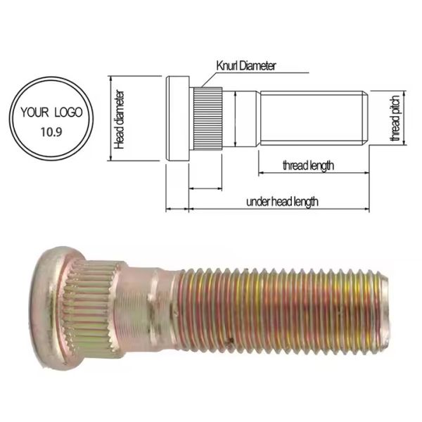 25mm Thread Length Extended Lug Studs Steel 12mm Diameter Knurl