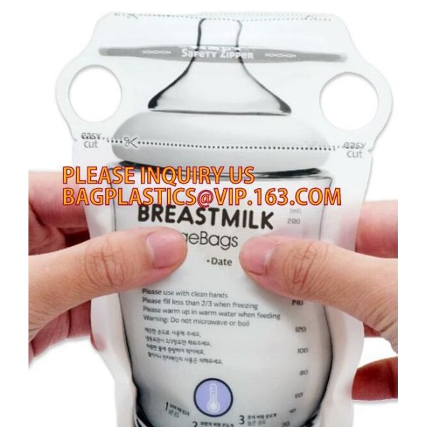 wholesale food pouch zipper bpa free plastic standing up breast baby milk storage bags,200ml double zipper breast milk b