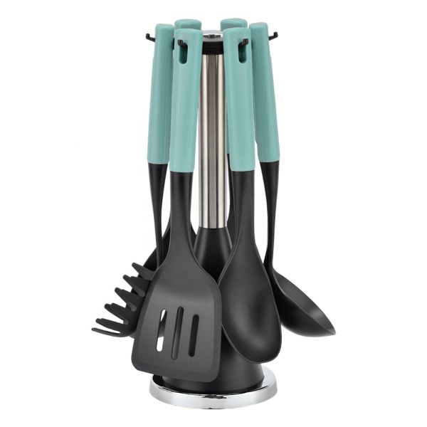 7-Piece Plastic Kitchen Utensils Set with Colorful Handle ABS and Wooden Effect Material