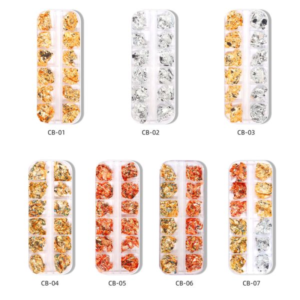 12 Grid Boxed Nail Art Gold and Silver Foil Paper 2D Style 4 Color Gold Wave Fragments