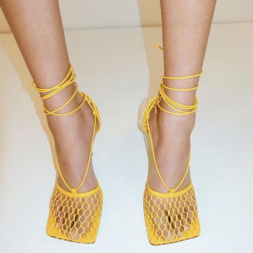 Hot Sell Luxurious Brand Sexy Mesh Square Toe Customization Heel Lace-Up Sandals Shoes For Women Footwear