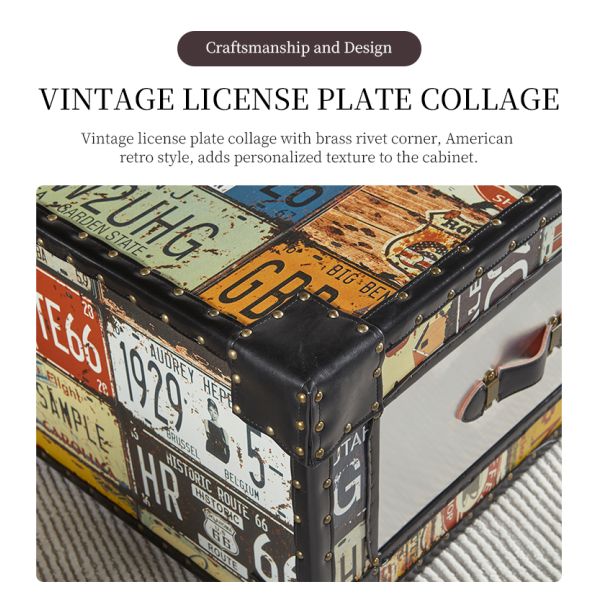 Nidea #312 Handcrafted Durable Multi-purpose Vintage Leather Living Room Cabinet with Retro License Plate Design, Featuring Two Drawers.