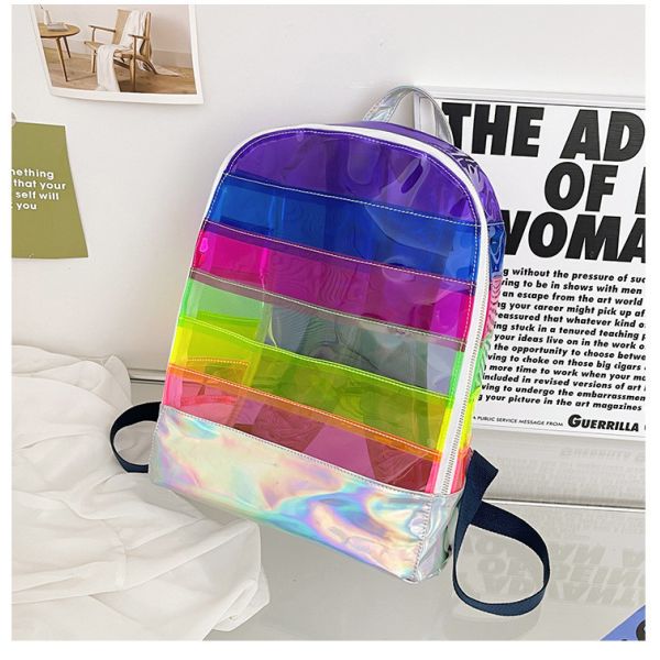 Stylish Transparent PVC Backpack Women's Jelly Stripe Stitching Rainbow Hologram for Daily