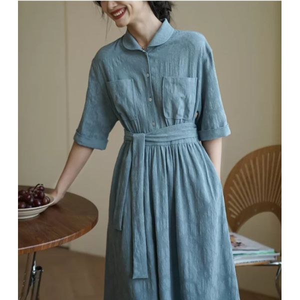 Light Blue 85% Cotton Linen Maxi Dress 15% Linen Woven Fabric Clothing