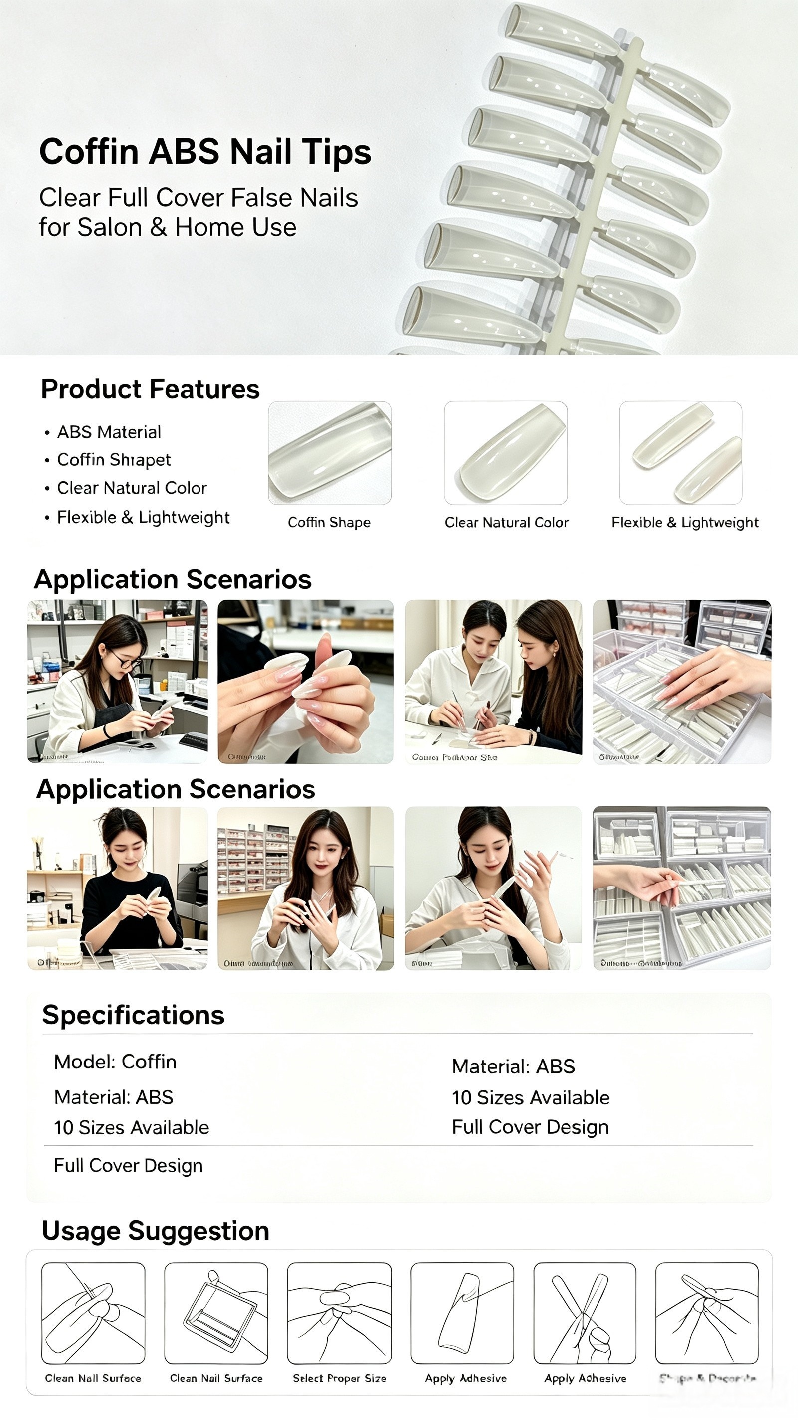 Coffin ABS Nail Tips, Clear Full Cover False Nails for Salon Nail Extension DIY Nail Art and Bulk Supply
