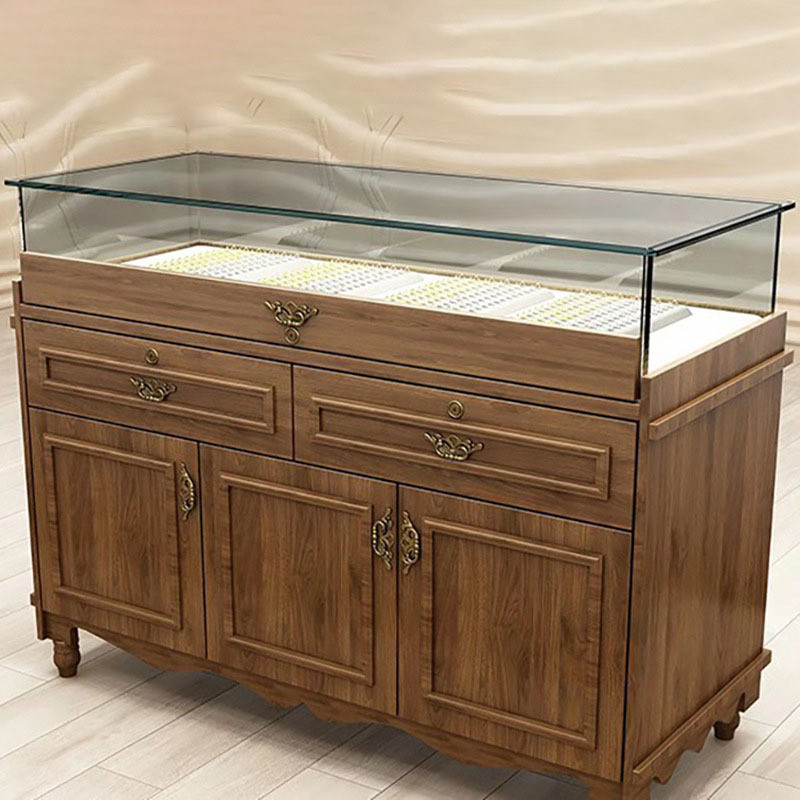 Wooden Rustic LED Display Counter Glass Solid Wood Display Shelf Counter for Retail