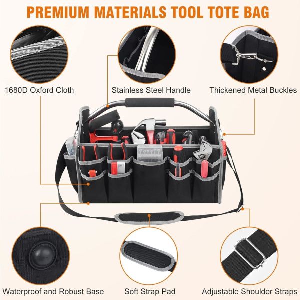 16 Inch 26 Pockets Steel Handle Custom Travel Tool Bag With Removable Shoulder Strap