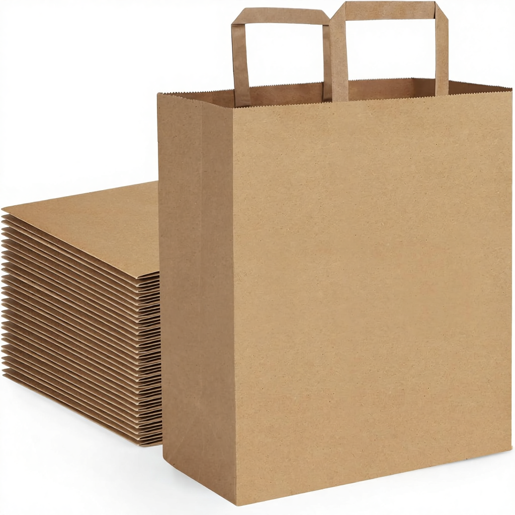 Cheap Recycled Kraft Paper Carrier Bags With Flat Tape Handle Custom Printed