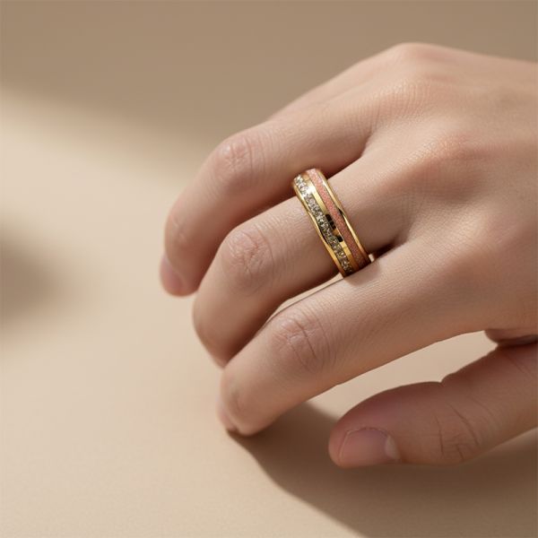 Custom Gold Polished Tungsten Wedding Band with Red Sandstone Inlay and German Glass