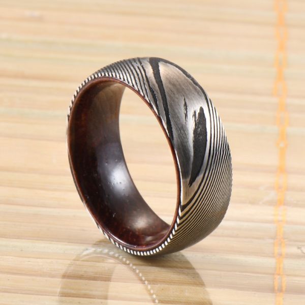 8mm Dome Latest Damascus Steel Ring With Polished Rosewood Sleeve Inlay Wedding Engagement Men's Gift Party TRENDY Style