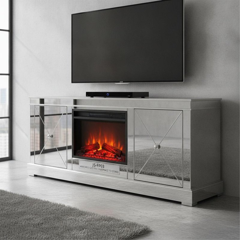 JS-FP03 Super White Mirrored Glass Electric Fireplace TV Stand with 3D Realistic Flame Effect and Free-Standing Mantle Structure