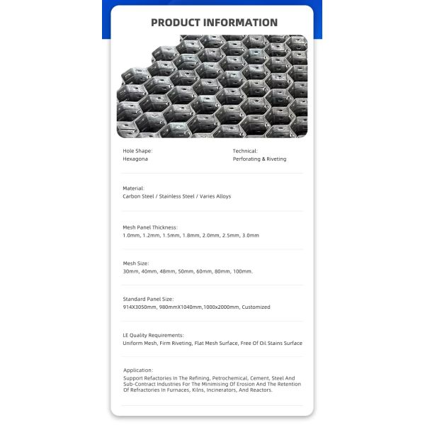 SS304H Hexagonal Metal Mesh Manufacturer Shell Type Bonding Hole Hexmetal 19MM Depth Power Plant Ducts