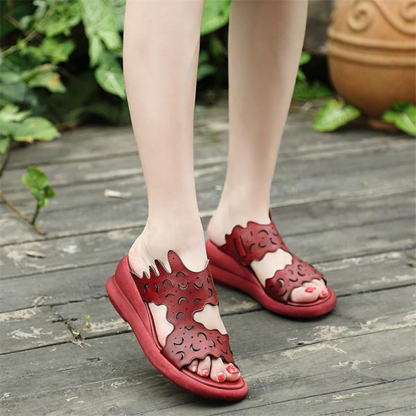 S012 Handmade original first layer leather fish mouth wedge heel women's sandals retro style thick-soled soft leather wo