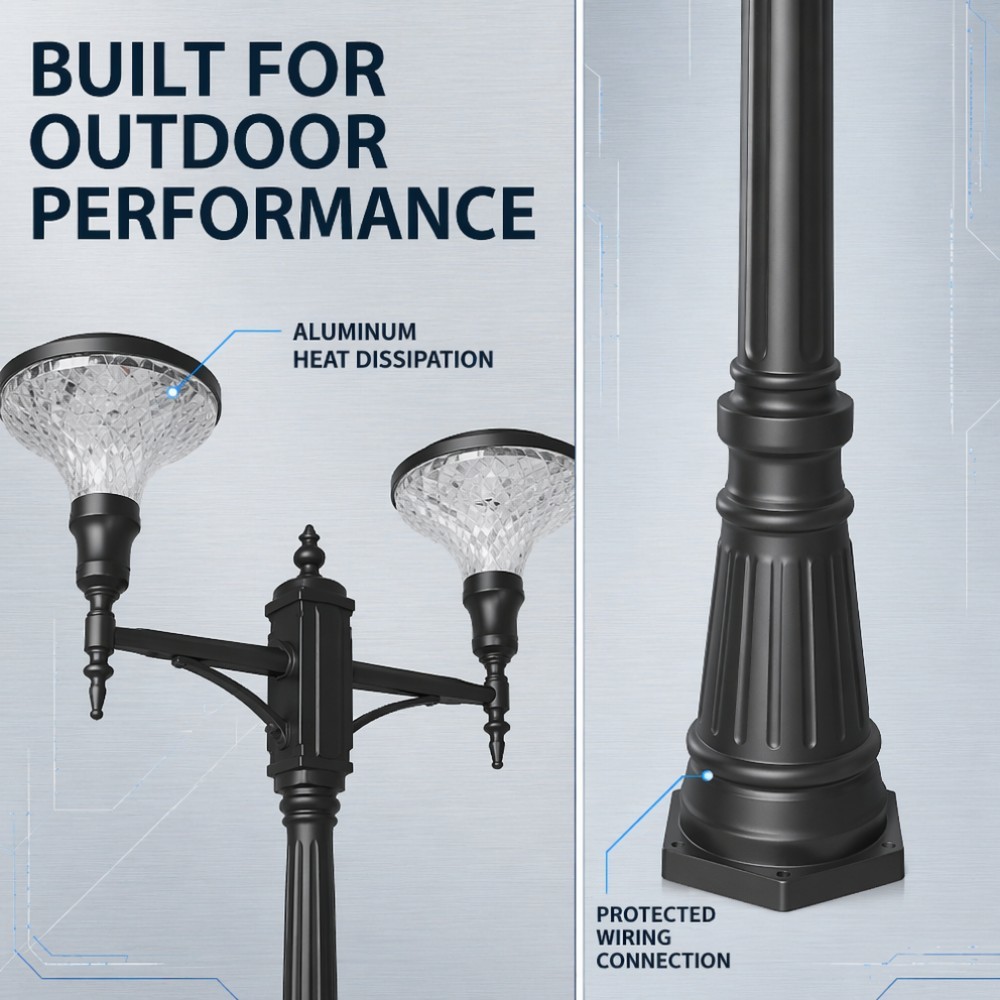 Dual Head Solar Promenade Light IP65 Decorative Pole Fixture For Waterfront Walkways
