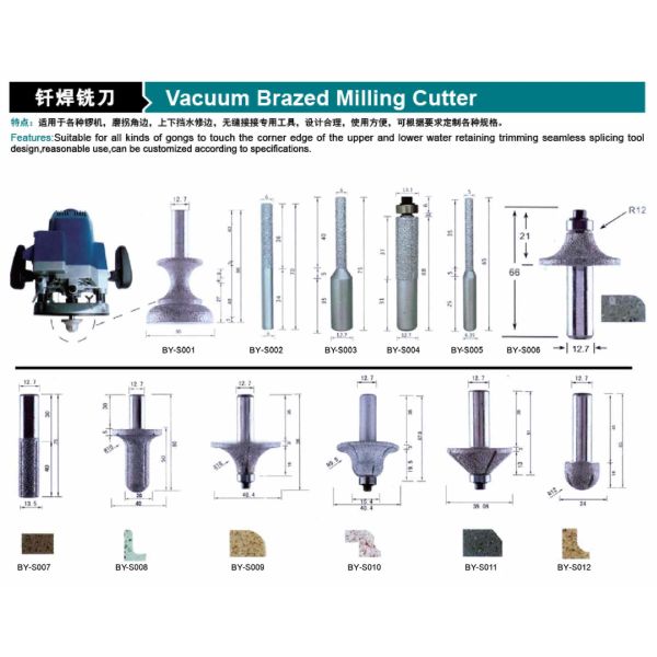 Wet milling Vacuum Brazed Diamond Blade Milling Cutter R12 12.7MM
