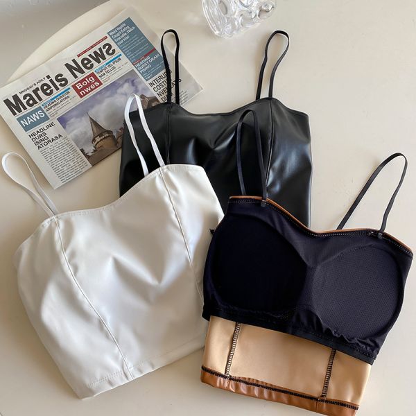 Ladies Vest Style Leather Suspenders Beautiful Back Vest Women's Slim Short Fixed Cup Chest Pad Women Vest Style Bra