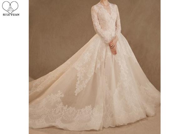 Lace White Backless Evening Gown , Western Wedding Dresses Beading Pleats