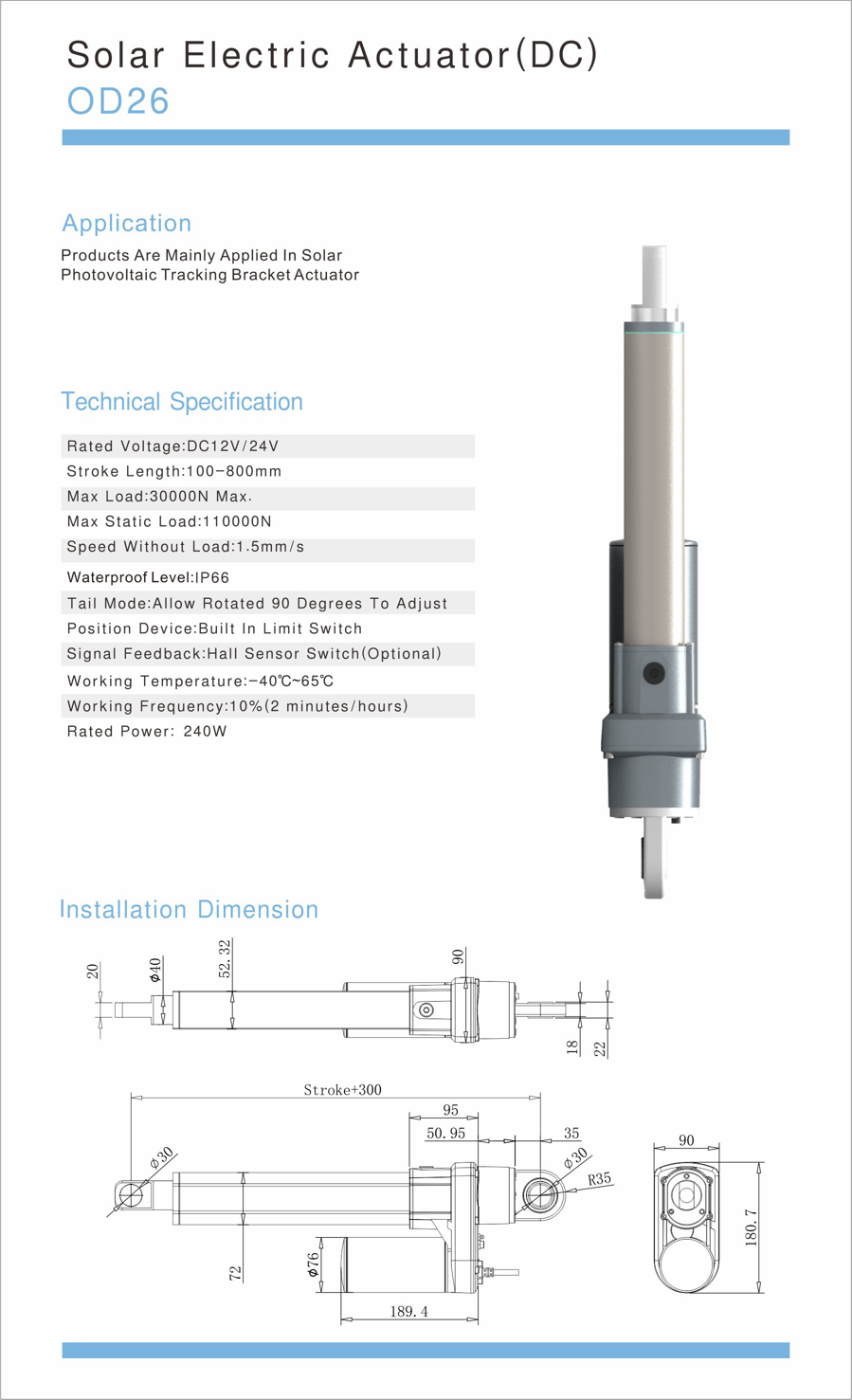 Stainless Steel 30000N Solar Tracker Linear Actuator 24VDC Electric Actuator