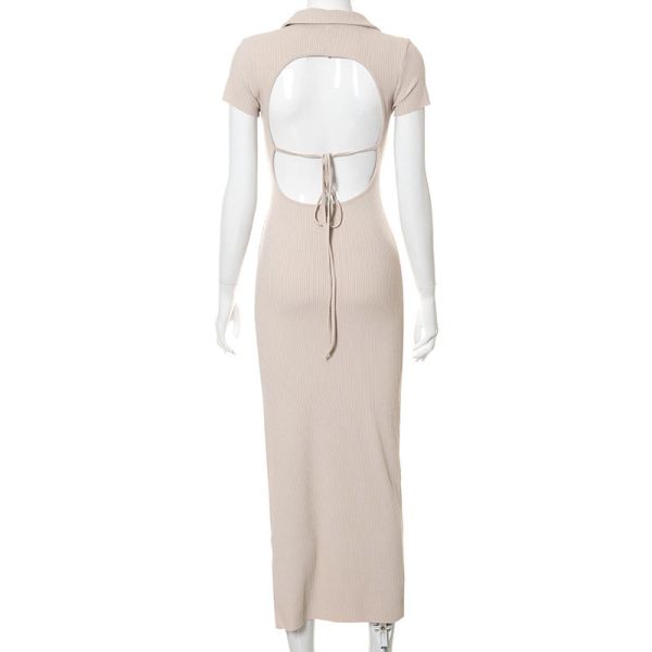 Polo Collar Hollow Backless High Waisted Maxi Dress Side Open