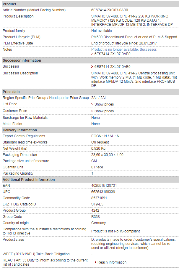 C.P.U. 414-2 6ES7414-2XG03-0AB0 Simatic S7-400 рабочая память 256 KB
