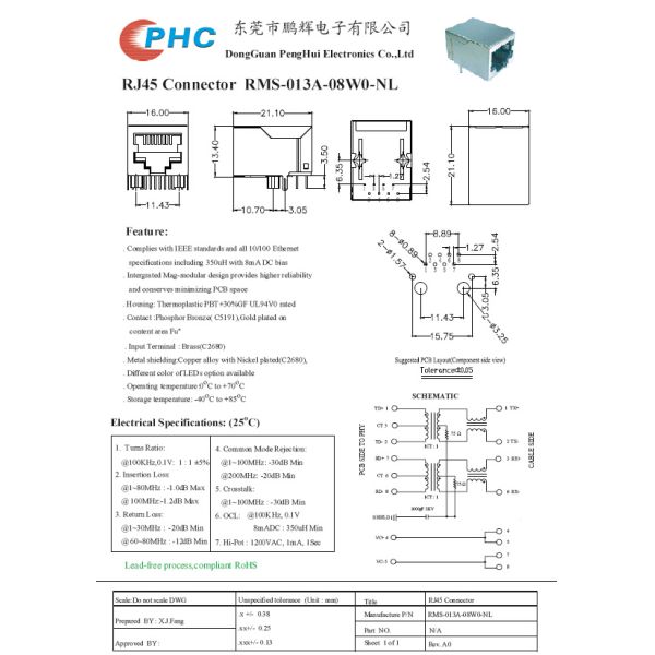 Integrated Magnetic RJ45 Jack , RJ45 PCB Connector Modules With Shield
