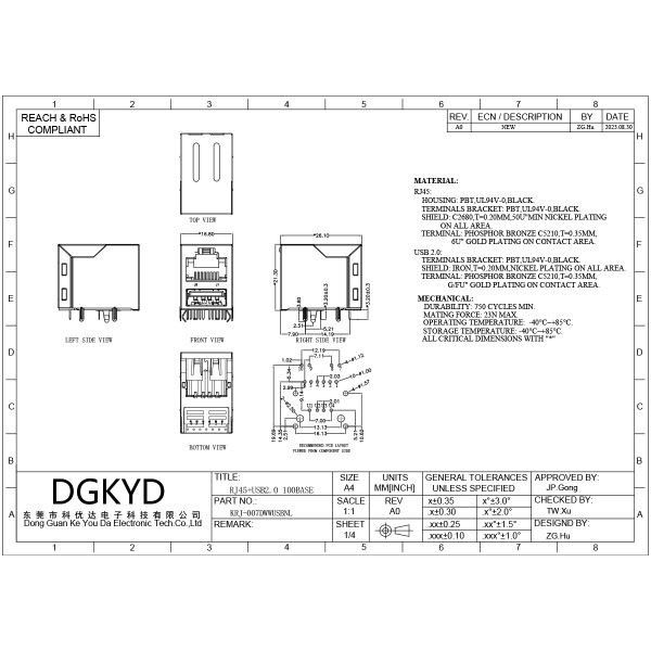 RJ45 with USB 2.0 socket 100Mbps integrated filter without light strip shielding KRJ-007DWWUSBNL