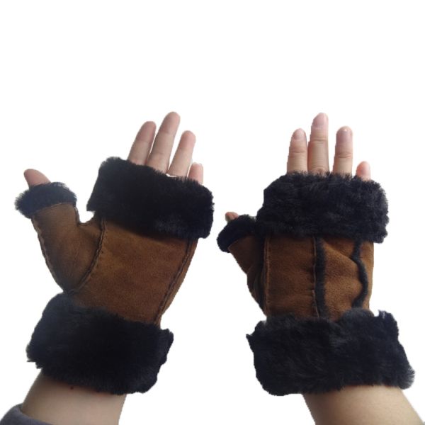 Stock Ladies Lambskin Gloves with Curly Fur Trim Cuff Shealring Sheepskin Fingerless Gloves