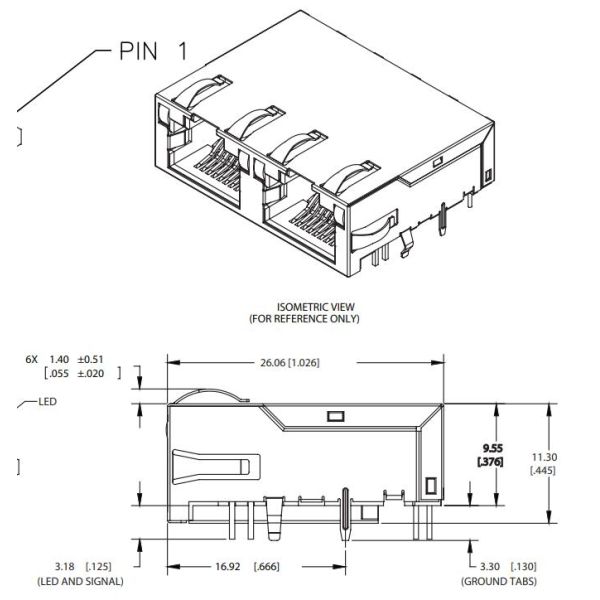 Плата соединителя низкопрофильного RJ45 гигабита порта JGL-0001NL 1x2 вверх по GREEN/GREEN привела