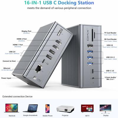 Estação de acoplagem 16 em 1 para portátil Adaptador usb c Cinza Taxa de transferência de dados 10Gbps Porta de exibição