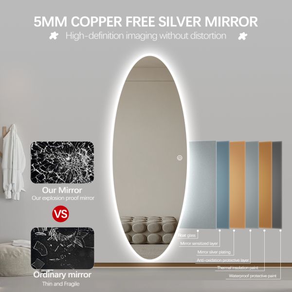Oval LED Full Length Mirror Smart Backlit Large Capsule Bathroom Mirror For Hotel Cloakroom